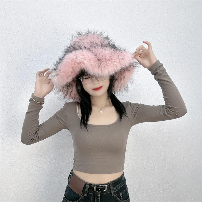Winter Women Faux Fur Bucket Hat Warm Raccoon Fur Hat Oversize Outdoor Punk Hat Girl Fashion Long Fur Bucket Hat Furry Cute Cap - KIMLUD
