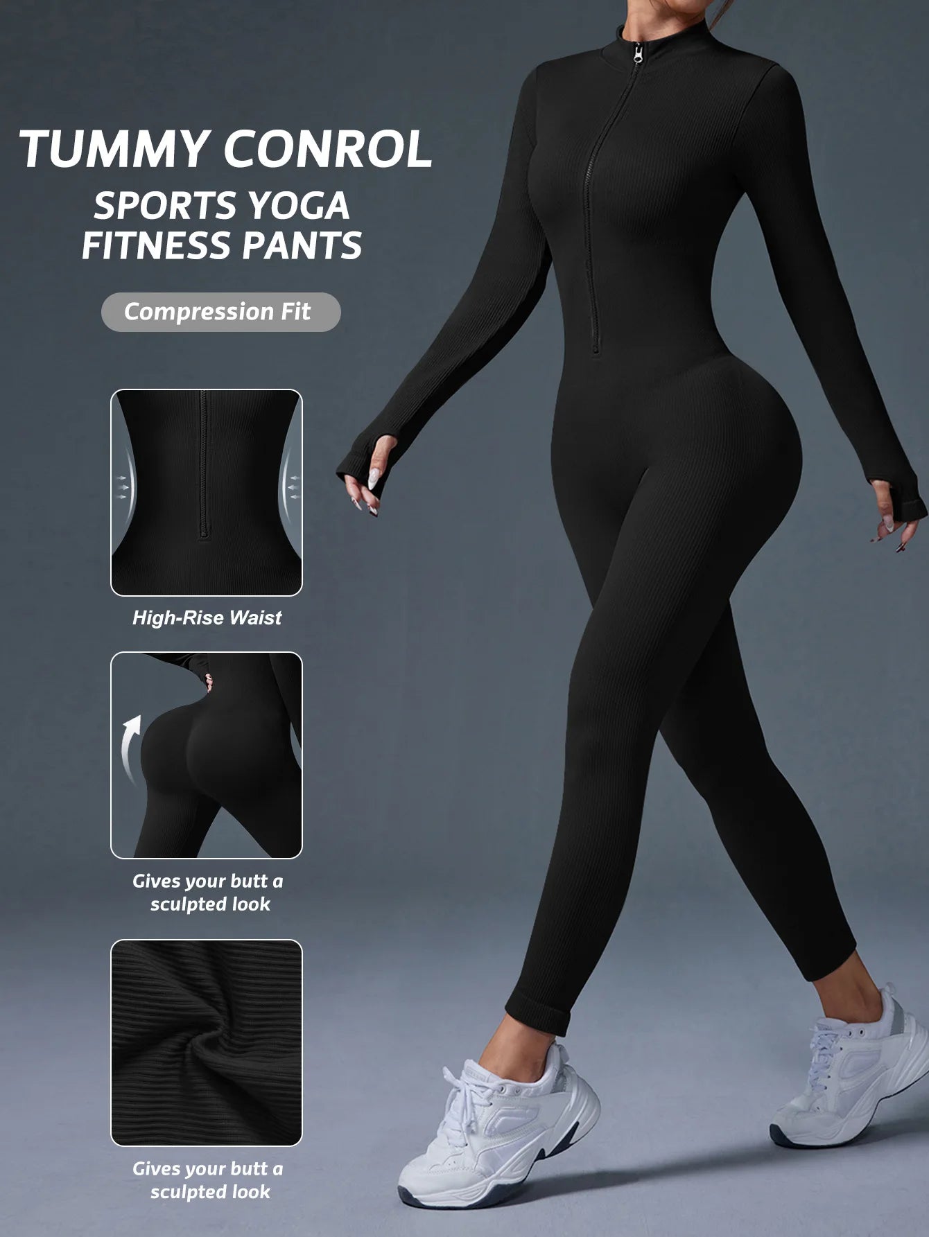 Nylon/Spandex Jumpsuit Half Zip Activewear — Black | KIMLUD