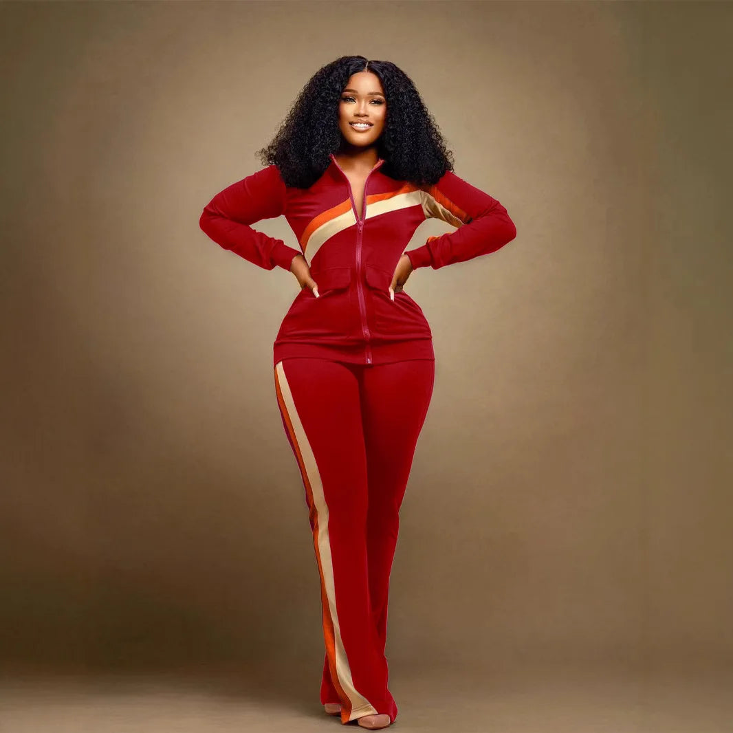 Casual Spor Women's Faion Set TW52 Long Sve Polyester Pants Striped Patchwork Independent Station Cross-Border