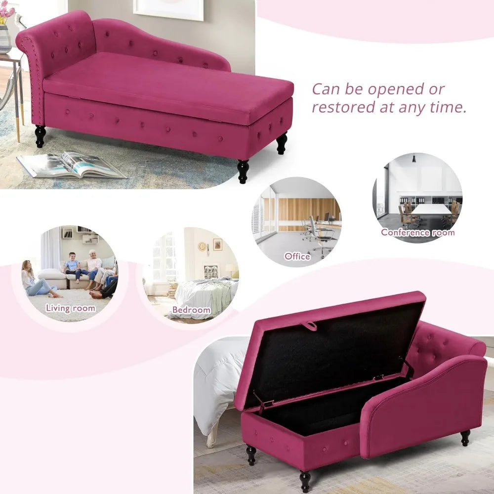 Velvet Chaise Lounge with Left Armrest & Storage Space,Button Tufted Lounge Chair w/Lumbar Pillow,Modern Upholstered Lounge Chai