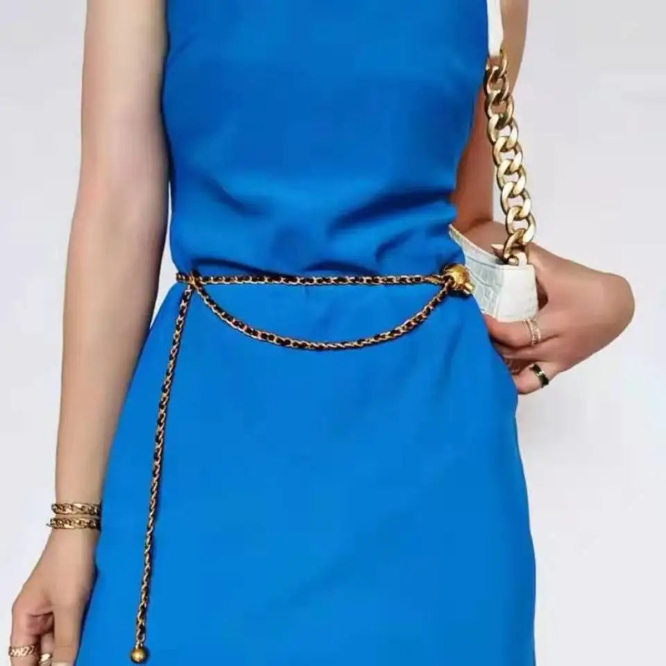 Metal Waist Chain Belt Chain Link Detail — Gold Tone | KIMLUD