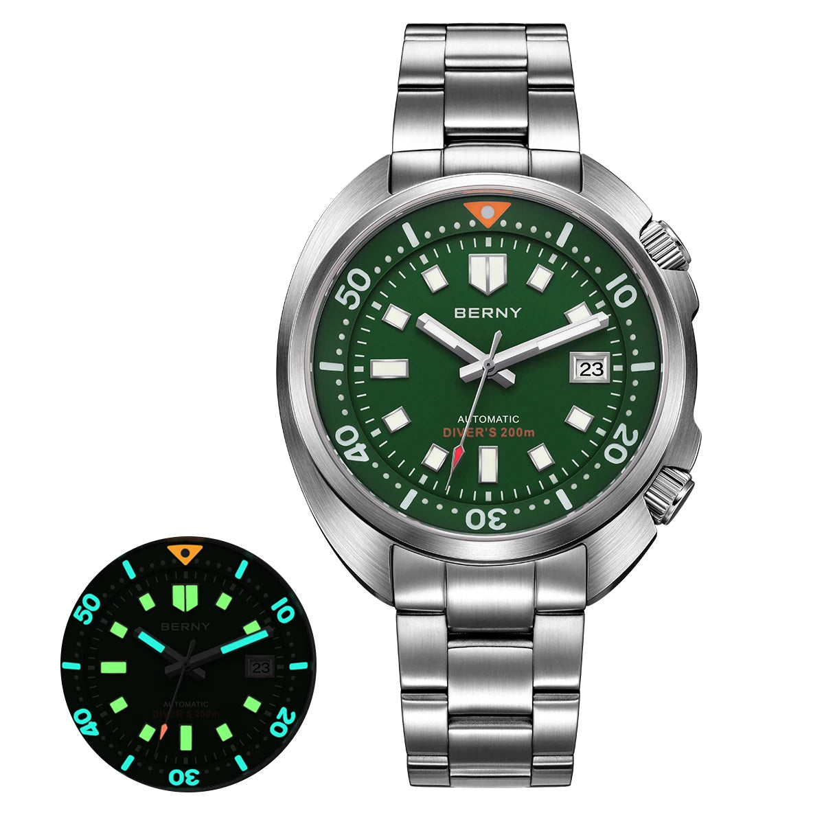 BERNY 20ATM Diver Watch For Men Mechanical Green Dial Original Design NH35 Automatic Sapphire Luxury Diving Luminous Men Watch