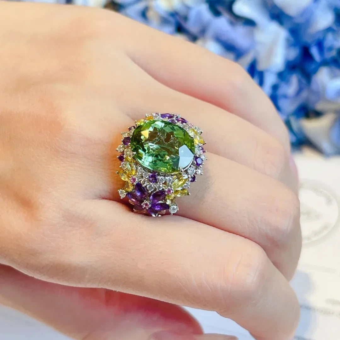 Bohemia Colored Gemstone Adjustable Ring 925 Sterling Silver Flower Open Ring for Women Wedding Engagement Birthday Jewelry Gift