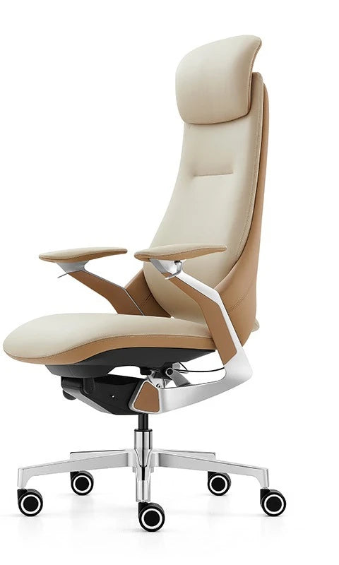 A modern ergonomic office chair with a high back, cream and tan leather upholstery, adjustable armrests, and a chrome five-star wheeled base, shown on a white background.