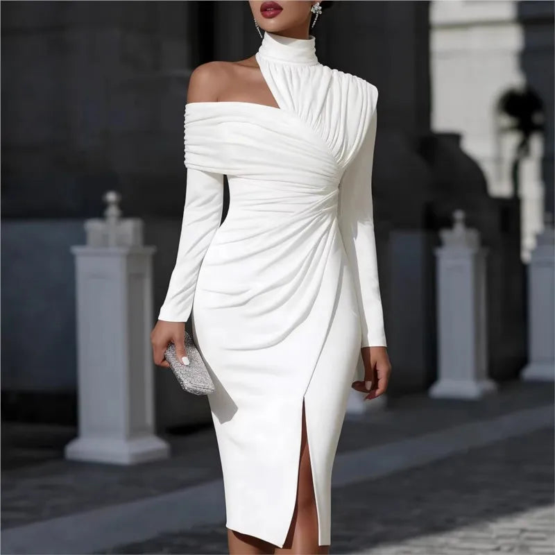 Polyester Knit Dress Off-Shoulder Long-Sleeve Pleated Slit — Black | KIMLUD