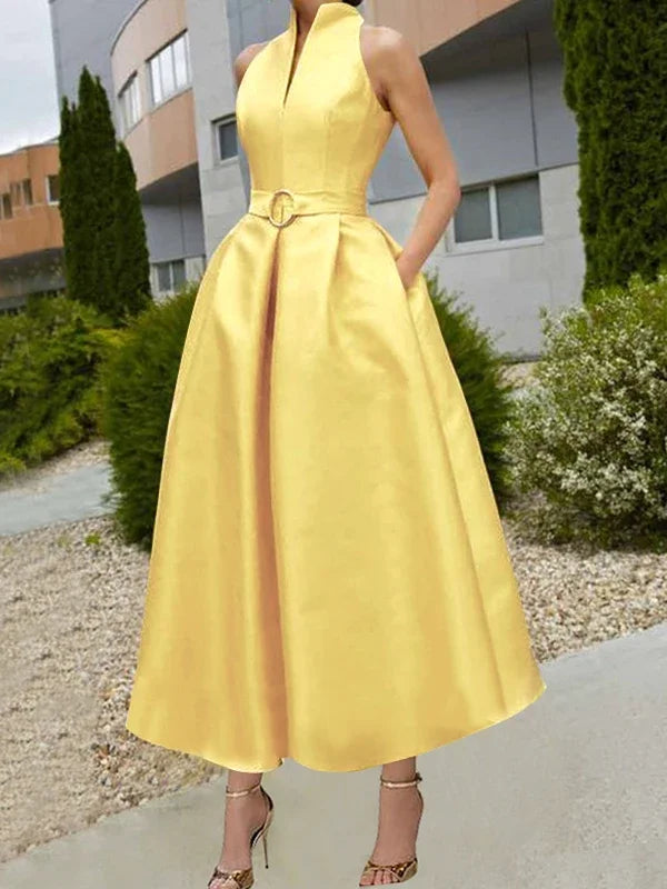 Bonboho Solid Color Belted Evening Dress for Women Stand V-neck Sleeveless High Waist Pleated Party Dress Female Commuter Dress
