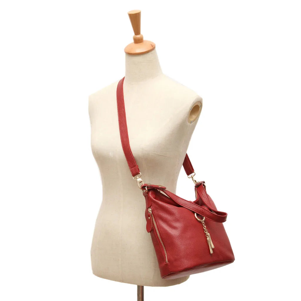Genuine Leather Hobo Bag With Ring Accent — Red | KIMLUD