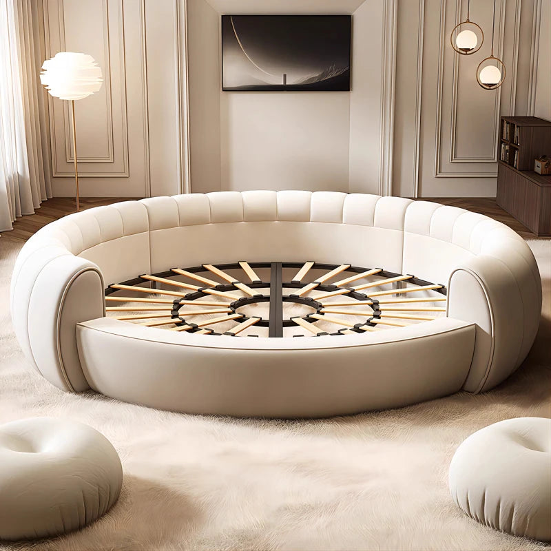Ivory-Cream Upholstered Round Bed Built-In Backrest — Ivory-Cream | KIMLUD