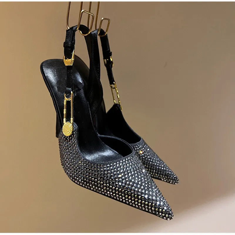 Women Shoes Luxury Rhinestones Sequined Buckle High Heels Elegant Pointed Toe Slingbacks Stiletto Shoes for Women Fashion Shoes
