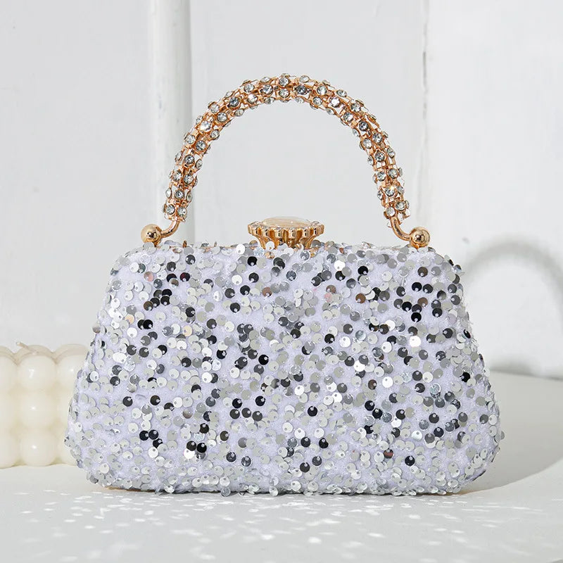 Sequined Evening Handbag Rhinestone Top Handle — Red | KIMLUD
