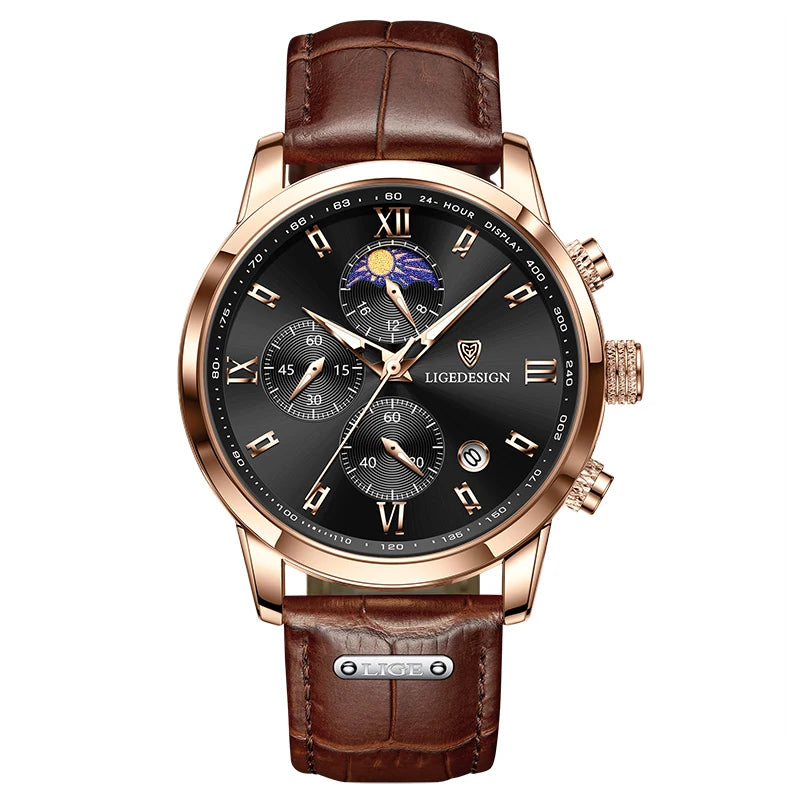Leather Chronograph Military Watch 40–44mm Dial, Luminous Hands, 3 Bar Water Resistant — Black | KIMLUD