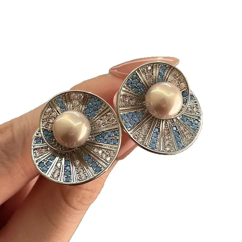 Light Luxury Crystal Flower Stud Earrings — Blue | KIMLUD