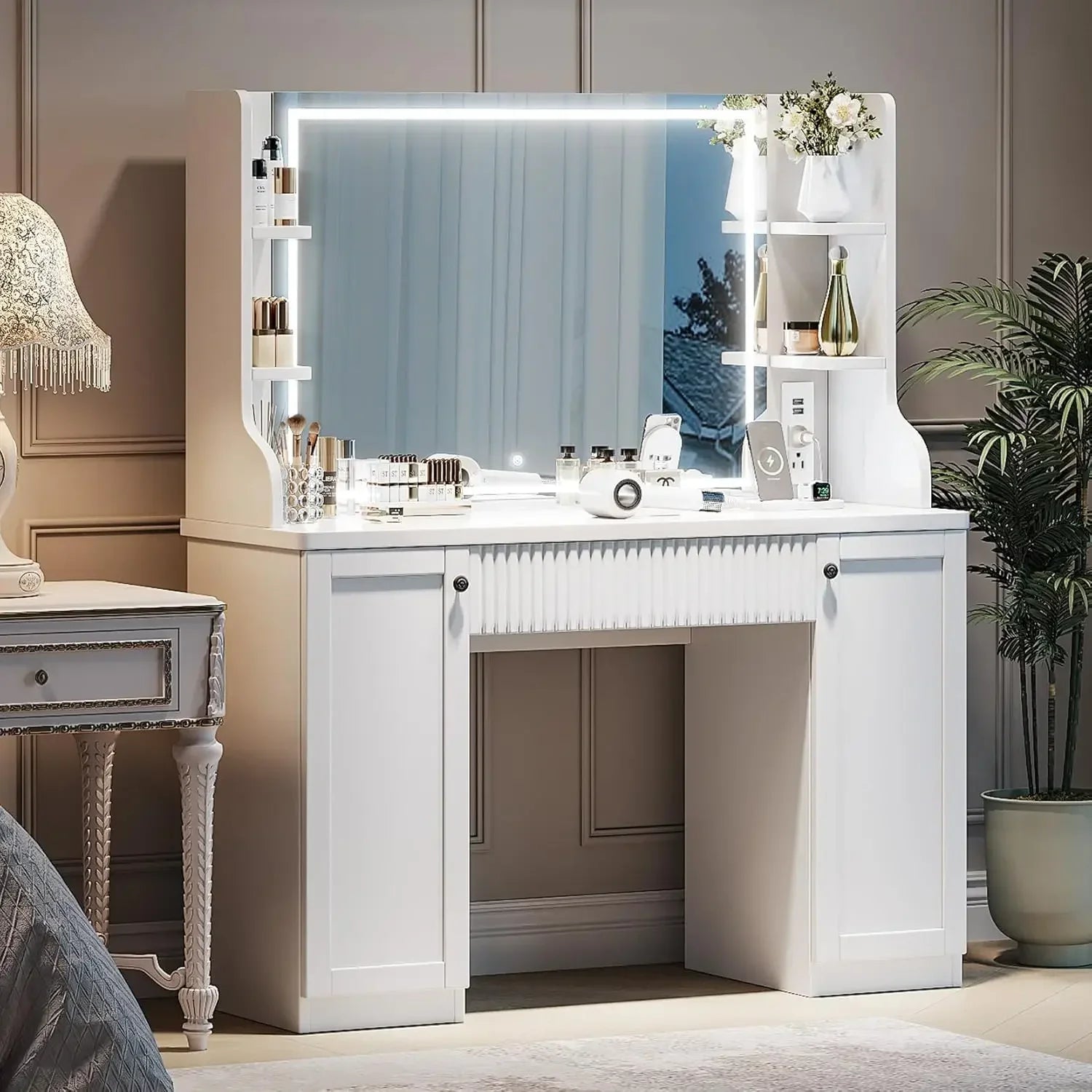 A Power Strip LED Makeup Table Vanity Desk Cabinets Bedroom Dressing Table With Mirror And Lights