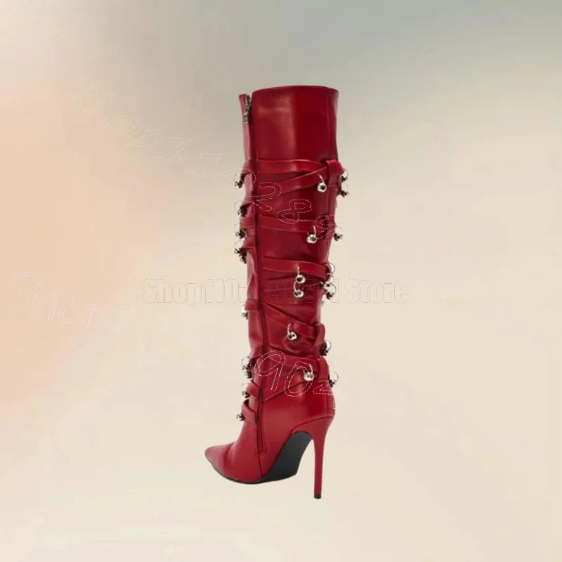 Boots – Metal Circle Rivet – Pointed Toe High Heel – Red | KIMLUD