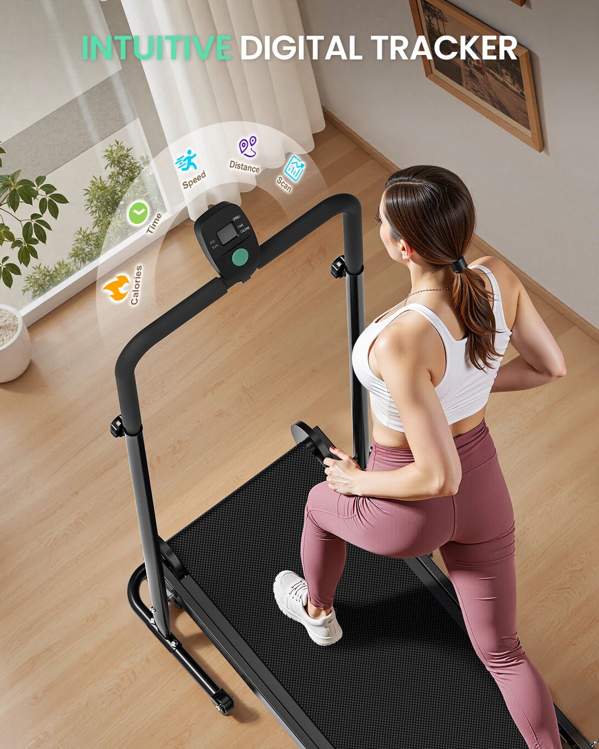 Motorless Treadmill Dual Flywheels LCD Monitor Non Slip Belt Fixed Incline — Black | KIMLUD