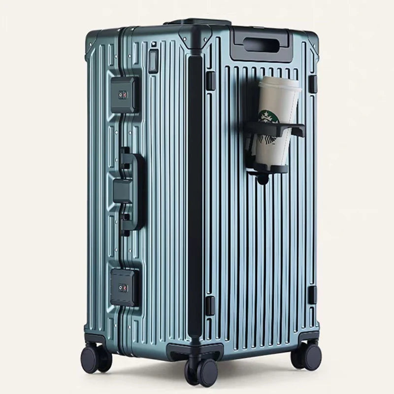 Aluminum Frame Suitcase With USB Cup Holder — Blue | KIMLUD