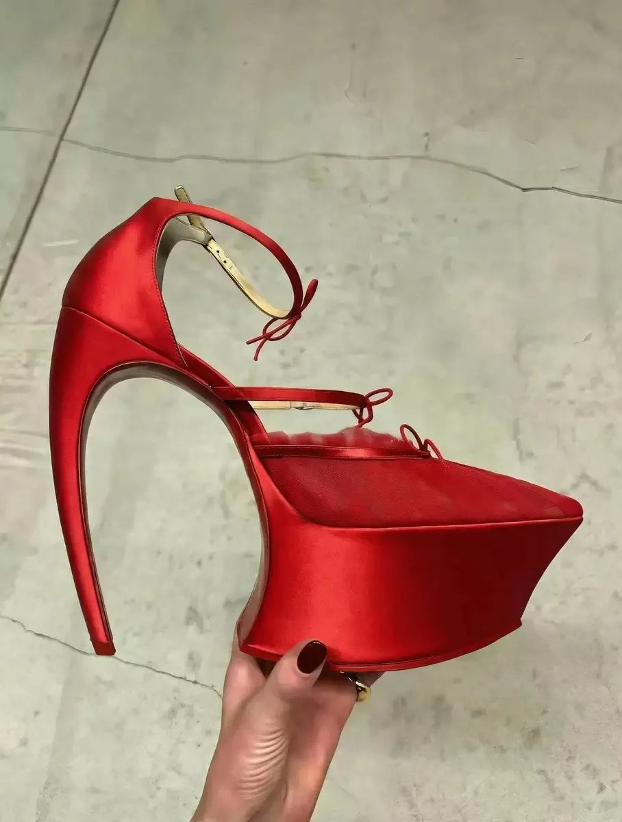 Satin Ribbon Pumps Pointed-Toe Platform — Pink | KIMLUD