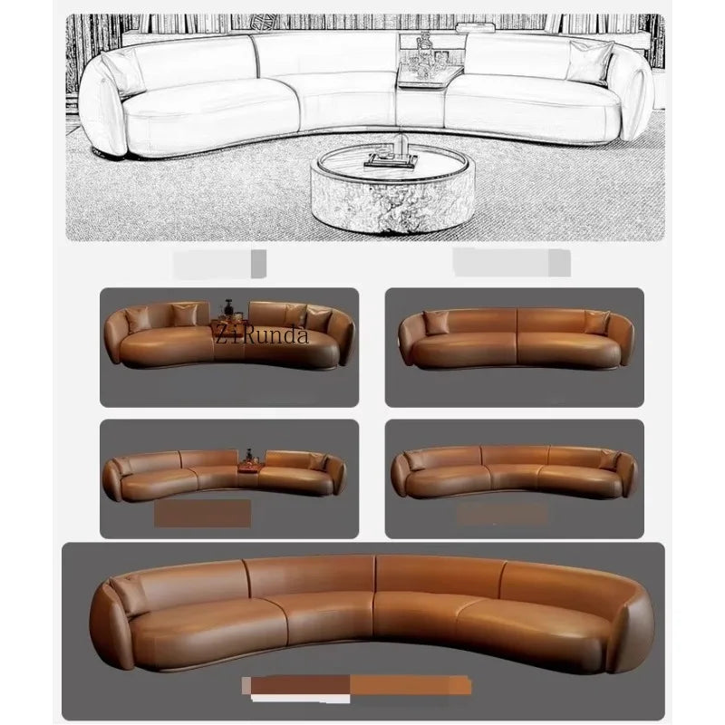 Italian curved leather sofa, premium luxury living room, beauty salon, office and reception area furniture