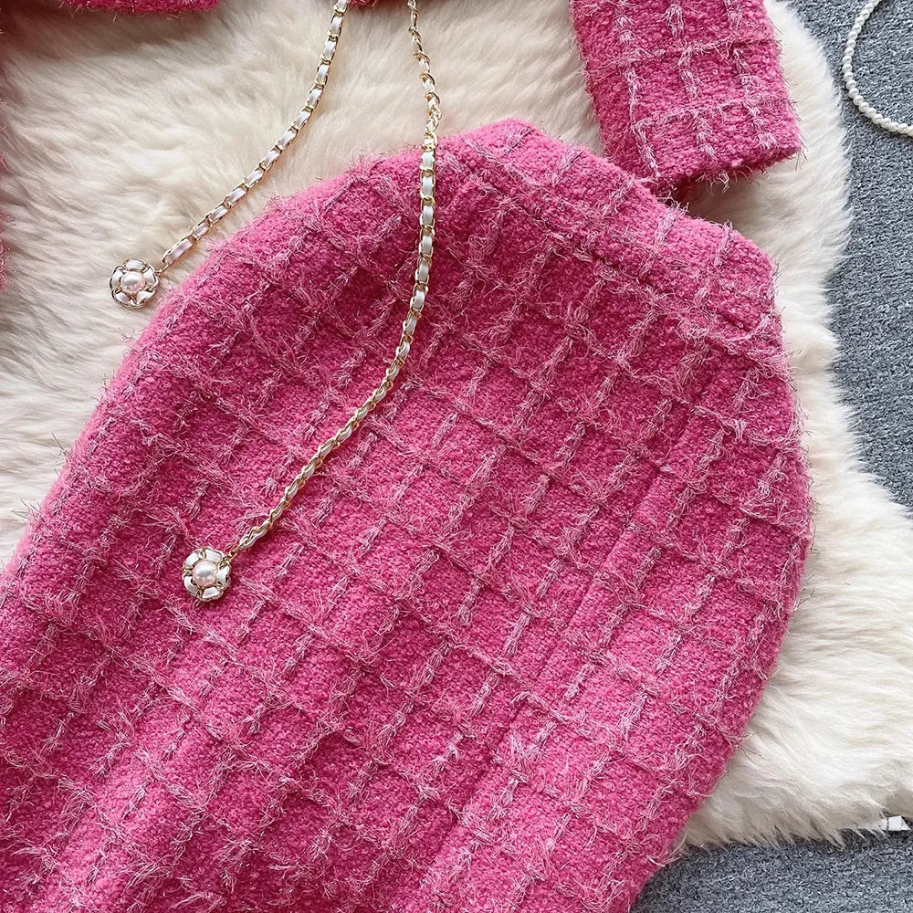 Modphy Autumn Fashion Rose Red Woolen Two Piece Set Women Golden Button Chain Belt Tweed Short Jacket Coat+Split Midi Skirt Suit