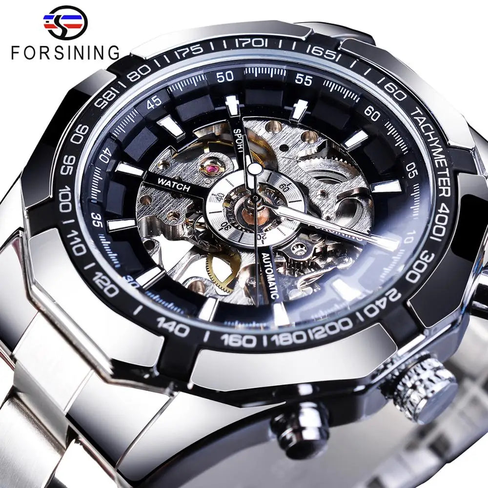 Forsining 2025 Stainless Steel Waterproof Mens Skeleton Watches Top Brand Luxury Transparent Mechanical Sport Male Wrist Watches
