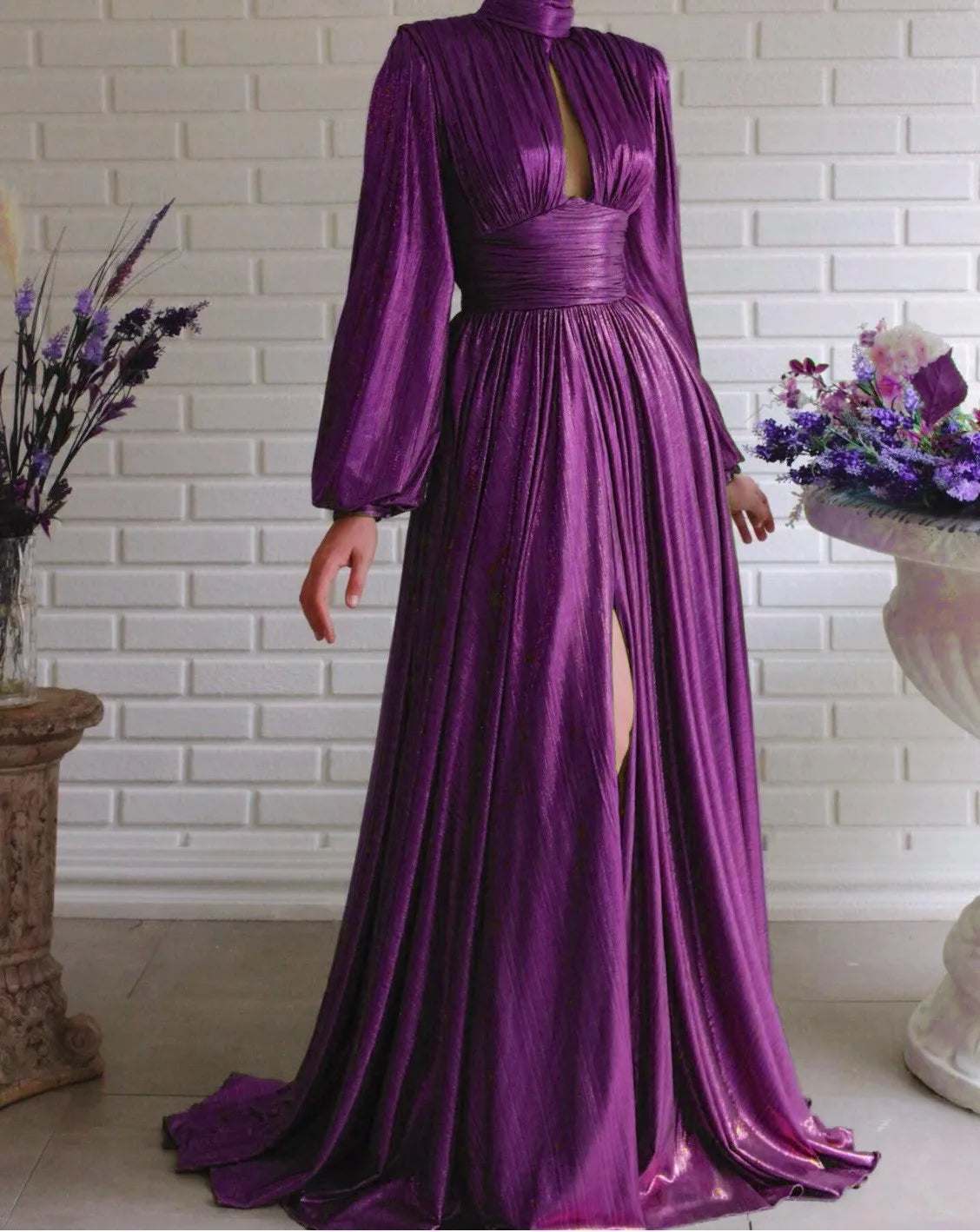 Satin-Effect Polyester Dress With Hanging-Neck — Avocado Green | KIMLUD