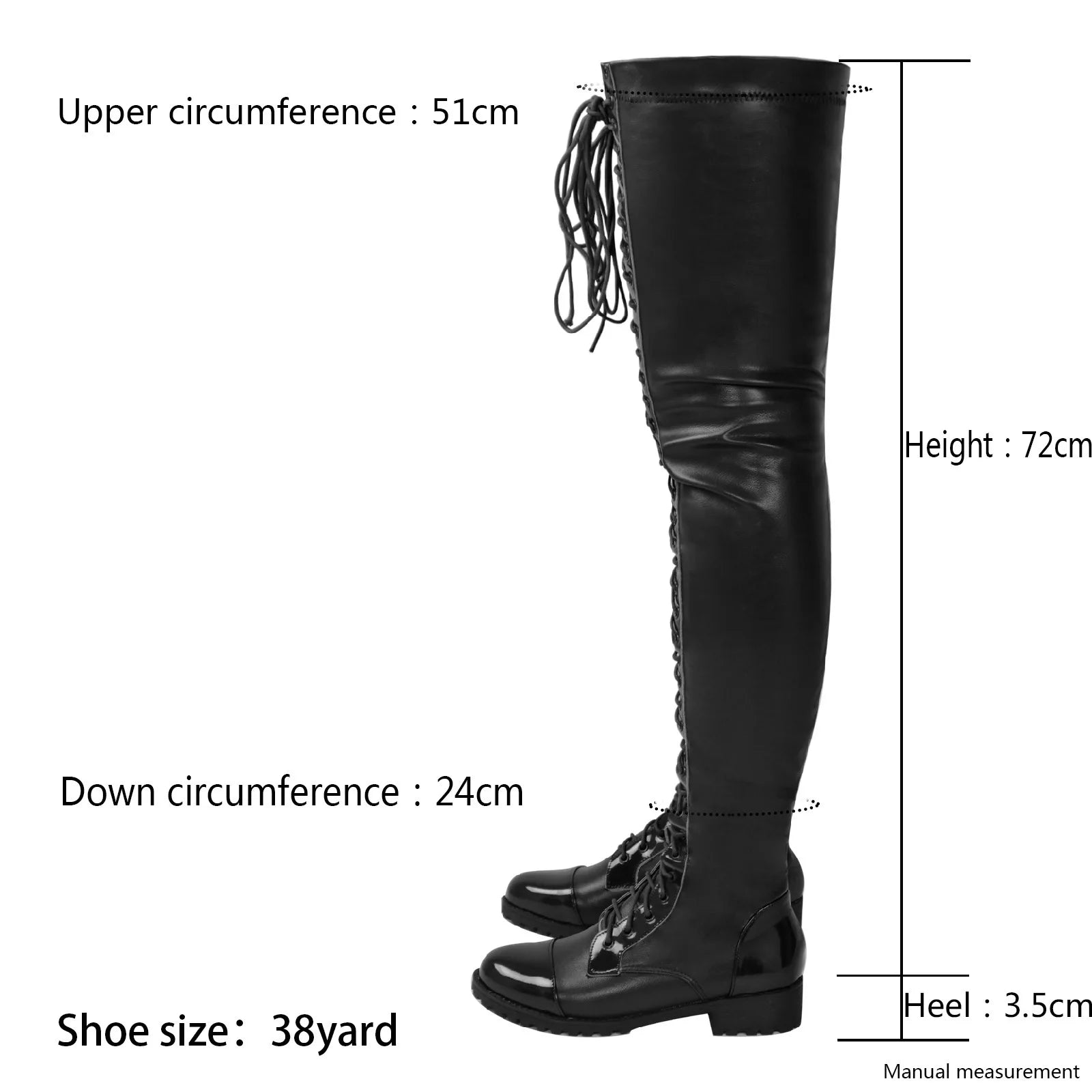 Low Heel Winter Boots Women 3.5CM Chunk Heels Nightclub Queen Lace-up Zipper Shoes Black Thigh High Boots Large Size 43 44 45