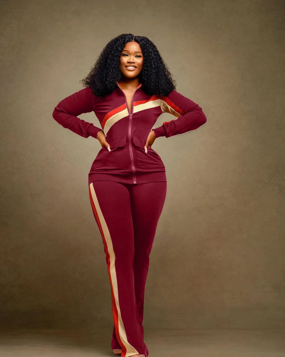 Custom LOGO Spring  Women's Sports Casual Fashion Color-matching Pocket Lapel Zipper Top Straight Pants Two-piece Set S-4XL