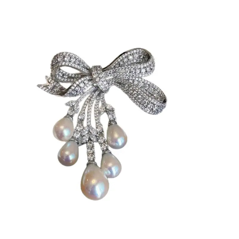 Bowknot Pave Crystal Tassel Brooch — Silver | KIMLUD