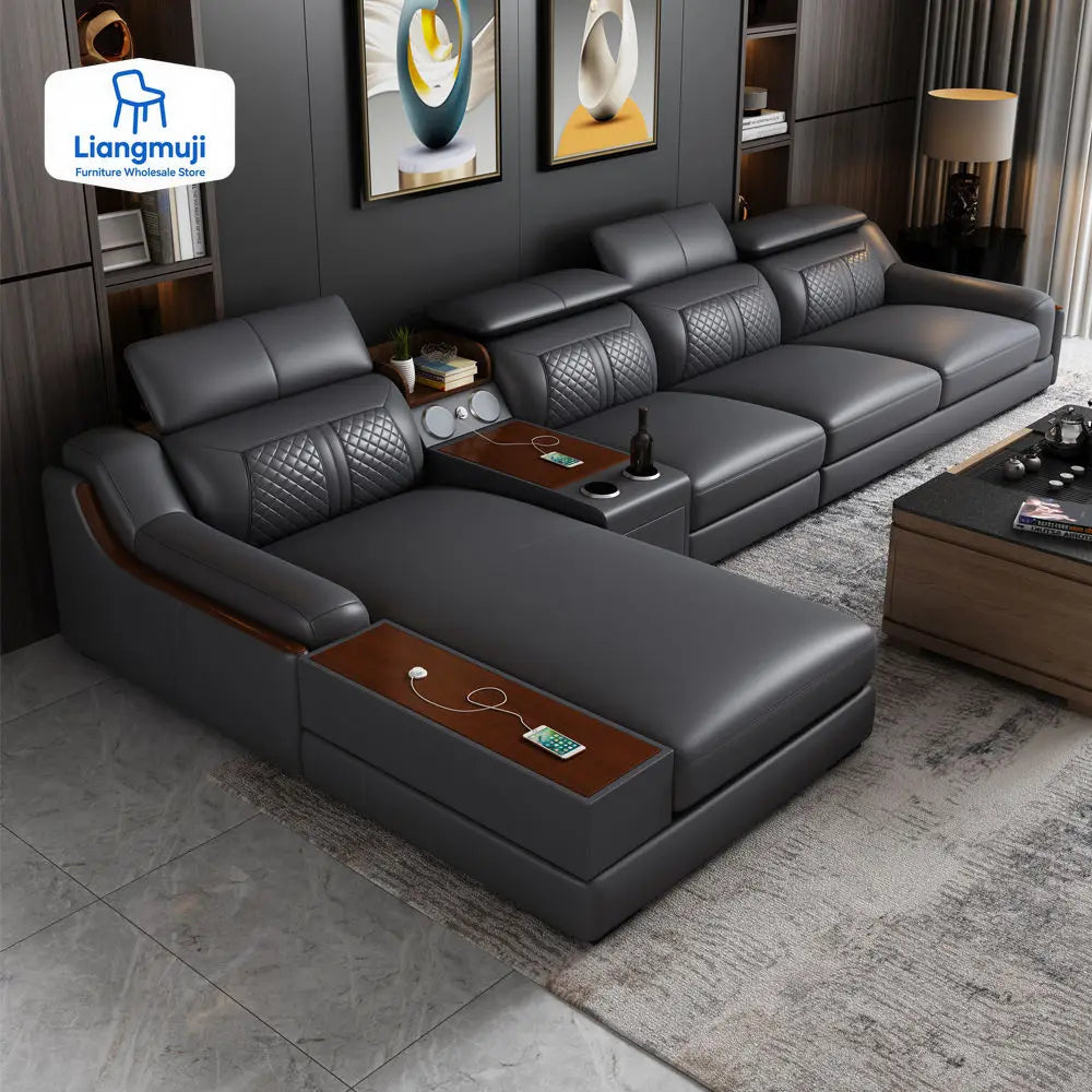 Genuine Italian Leather Sofa L-Shaped With Cup Holders USB Bluetooth — Light Gray | KIMLUD