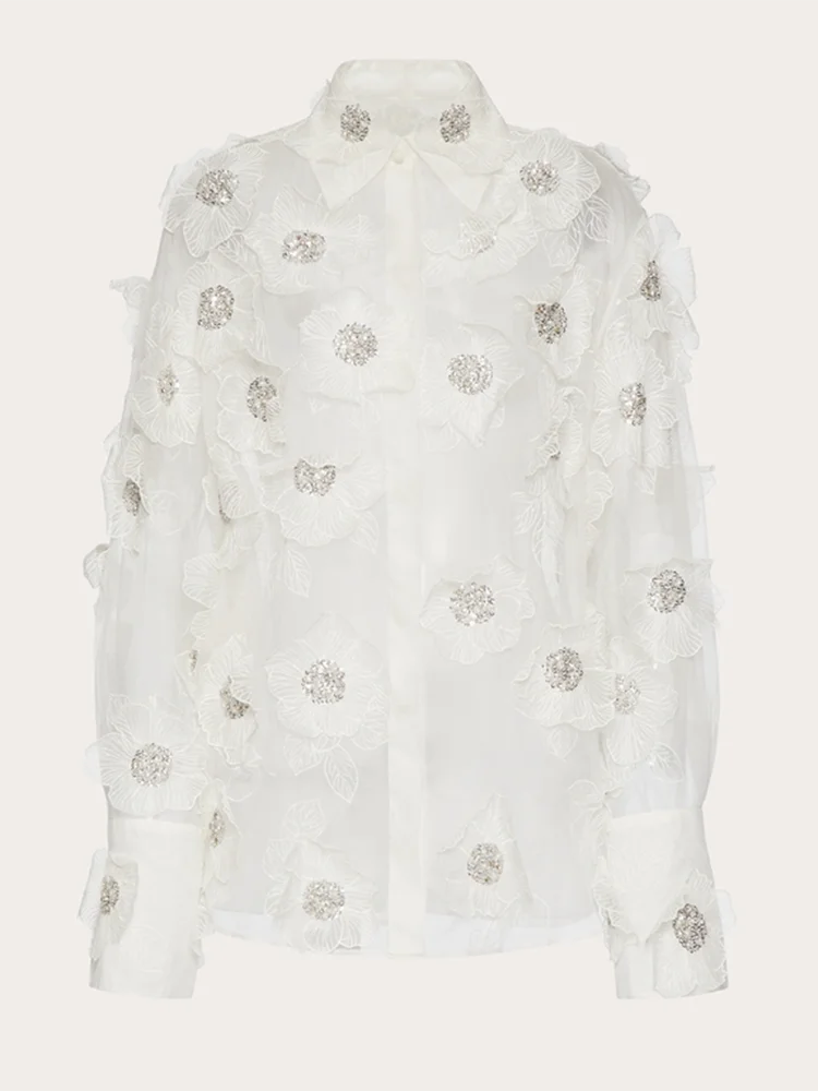 VGH Patchwork Appliques Solid Casual Blouses For Women Lapel Long Sleeve Spliced Sheer Mesh Temperament Loose Shirts Female New - KIMLUD
