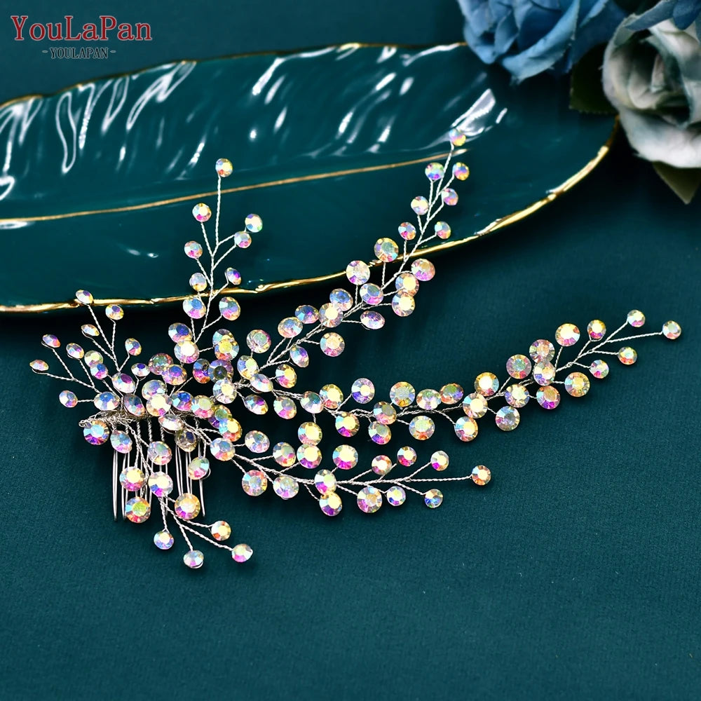 AB Rhinestone Bridal Hair Comb Wedding Accessory — Silver | KIMLUD