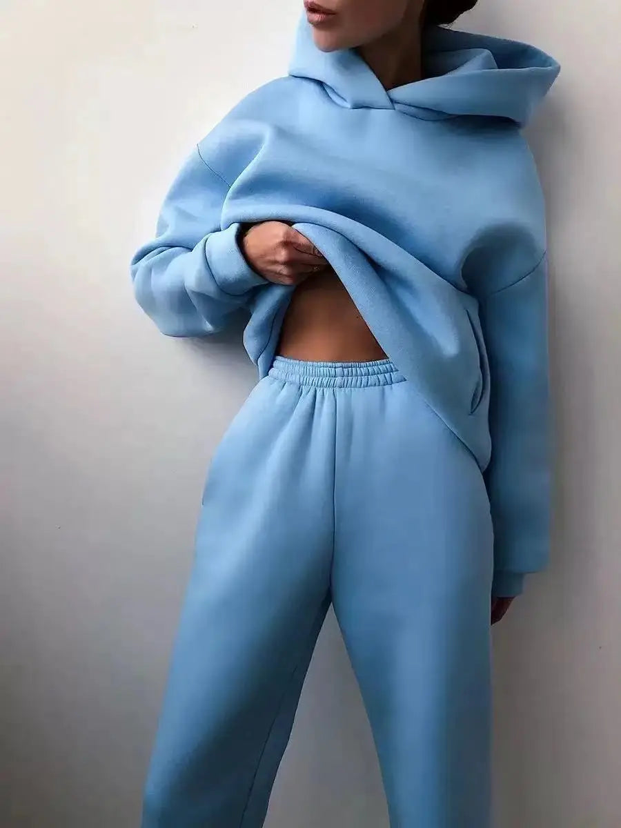 Oversized Tracksuit Set Two Piece Winter Fleece Hoodie and Sweatpants Cozy Warmth — Beige | KIMLUD