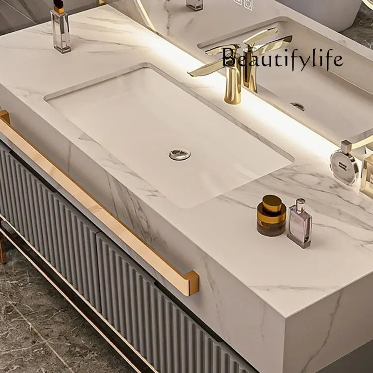 Oak Vanity Cabinet With Rock Slab LED Lighting — Grey | KIMLUD