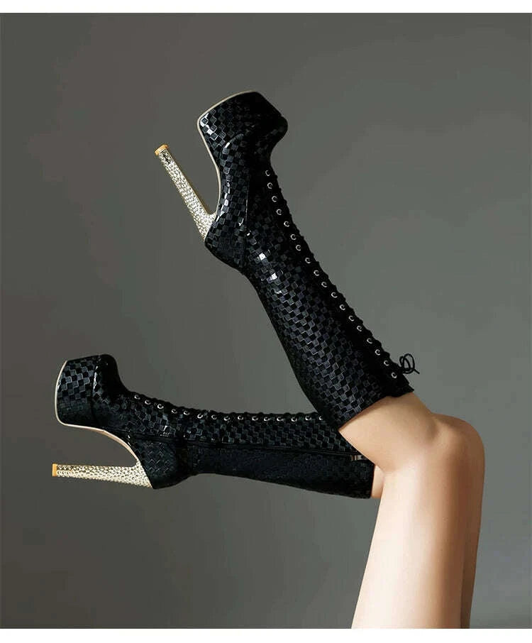 KIMLUD, Plus Size Embossed Chessboard Checkerboard Women's Knee High Boots Platform Super High Metal Thick Heels Lace Up Zipper Boots, KIMLUD Womens Clothes