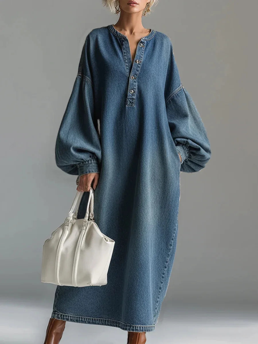 Denim Maxi Dress Single-Breasted V-Neck Lantern Sleeve — Indigo | KIMLUD