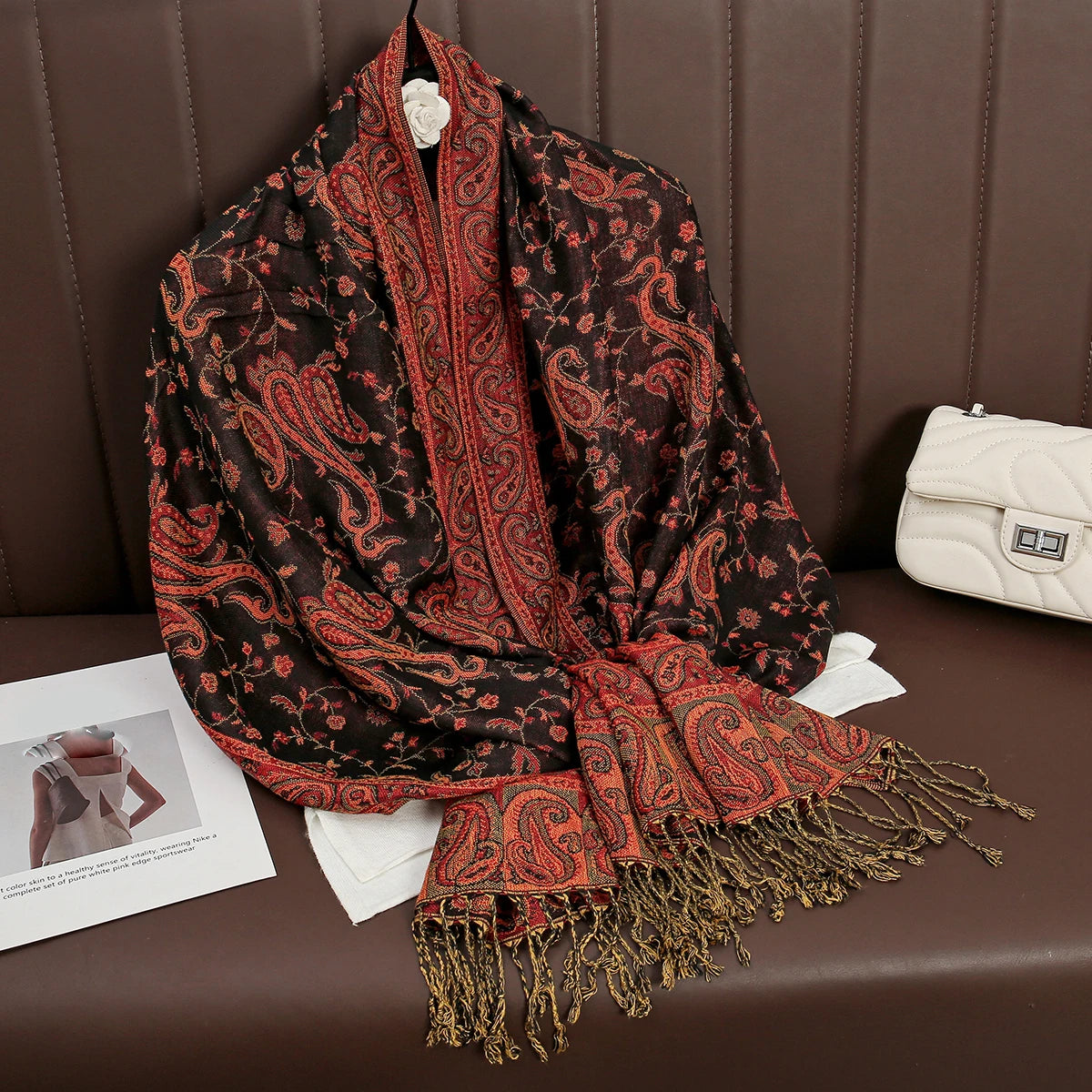 Cashmere Pashmina Shawl With Autumn Print Design, Olive Accents And Gold-Toned Fringe — Red | KIMLUD