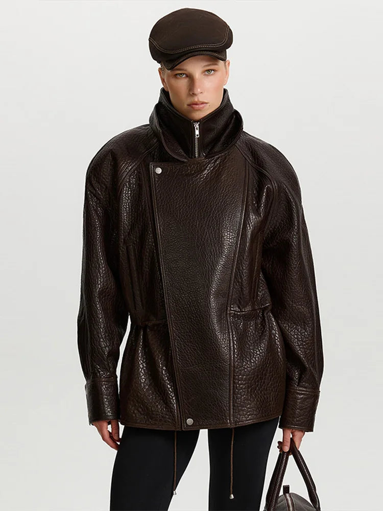 Chic Textured Leather Jacket Women Urban Lapel Drawstring Asymmetrical Loose Full Sleeve Jackets Female 2025 Edgy Lady Coats New