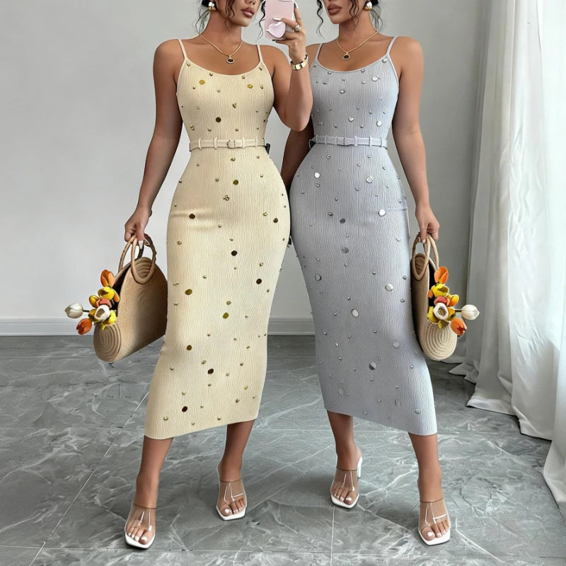 Knit Dot Embellished Bodycon Maxi Dress — Beige | KIMLUD