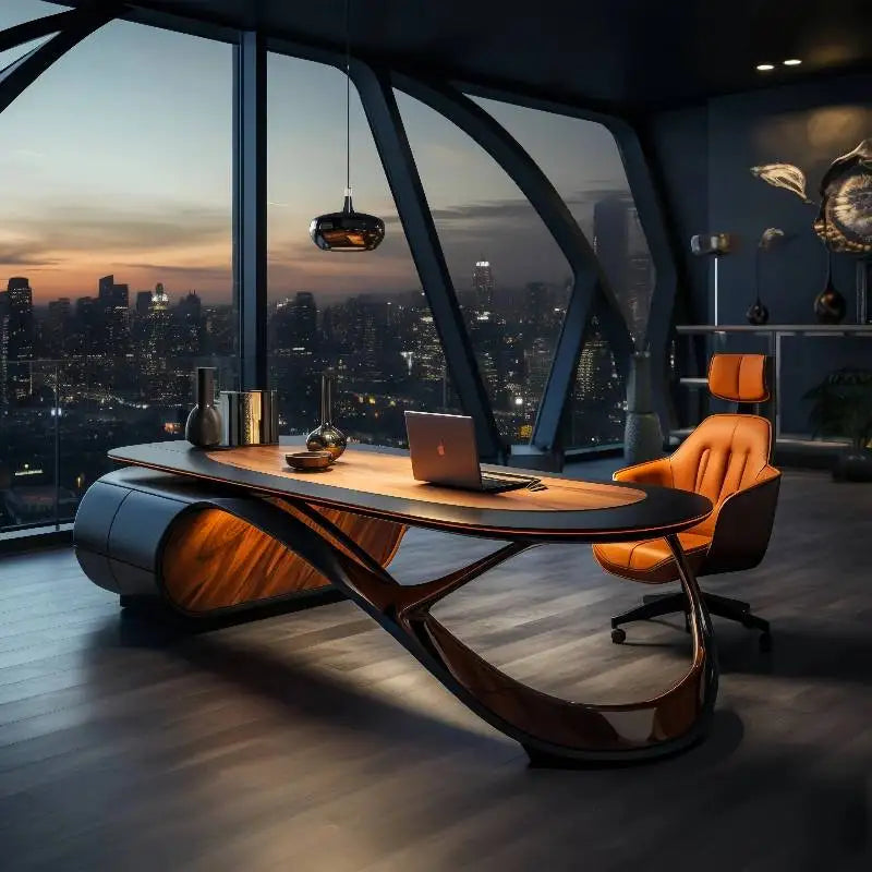 Modern office desk with laptop and chair in a room with cityscape view