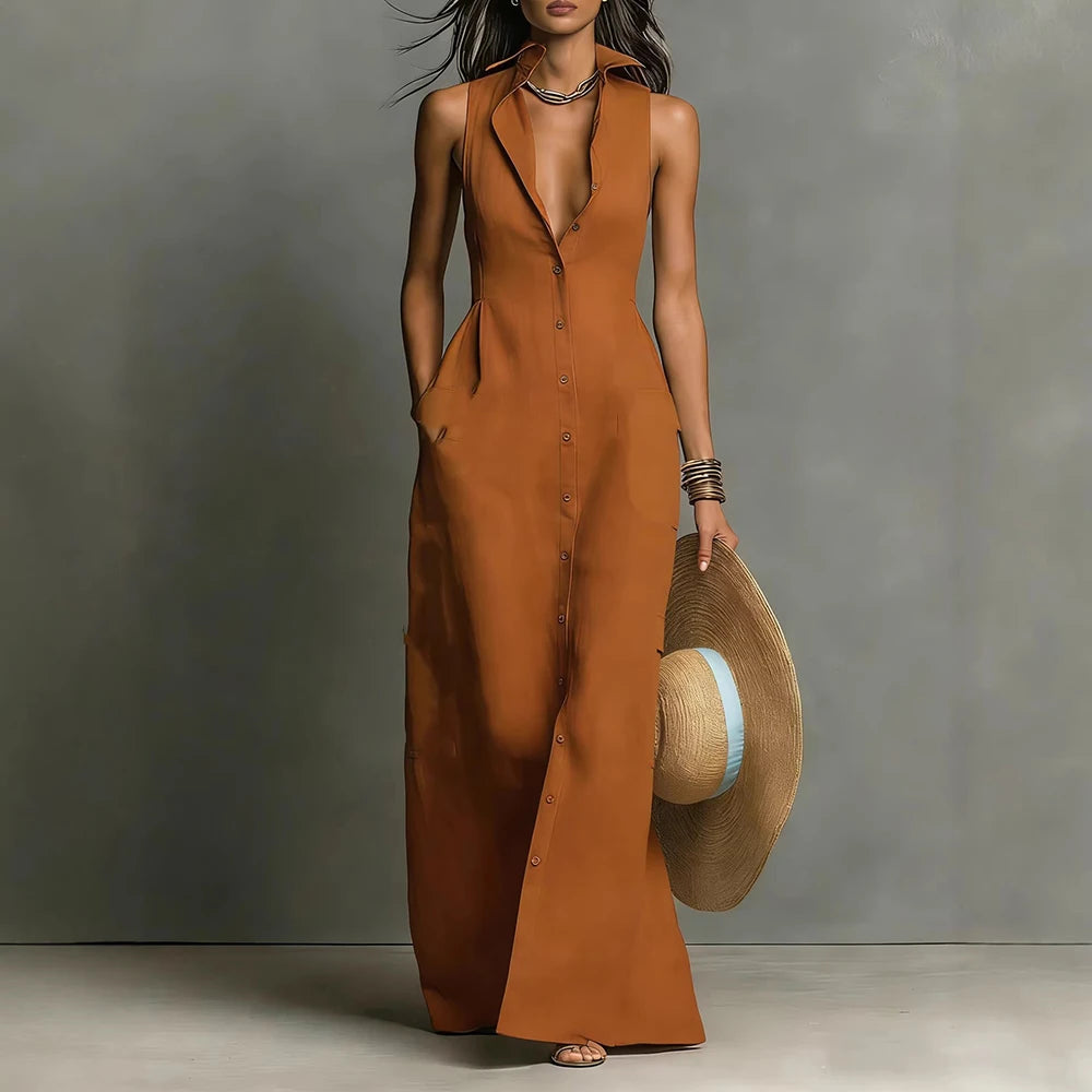 Maxi Dress – Sleeveless Deep V Neck Button Down – Polyester | KIMLUD