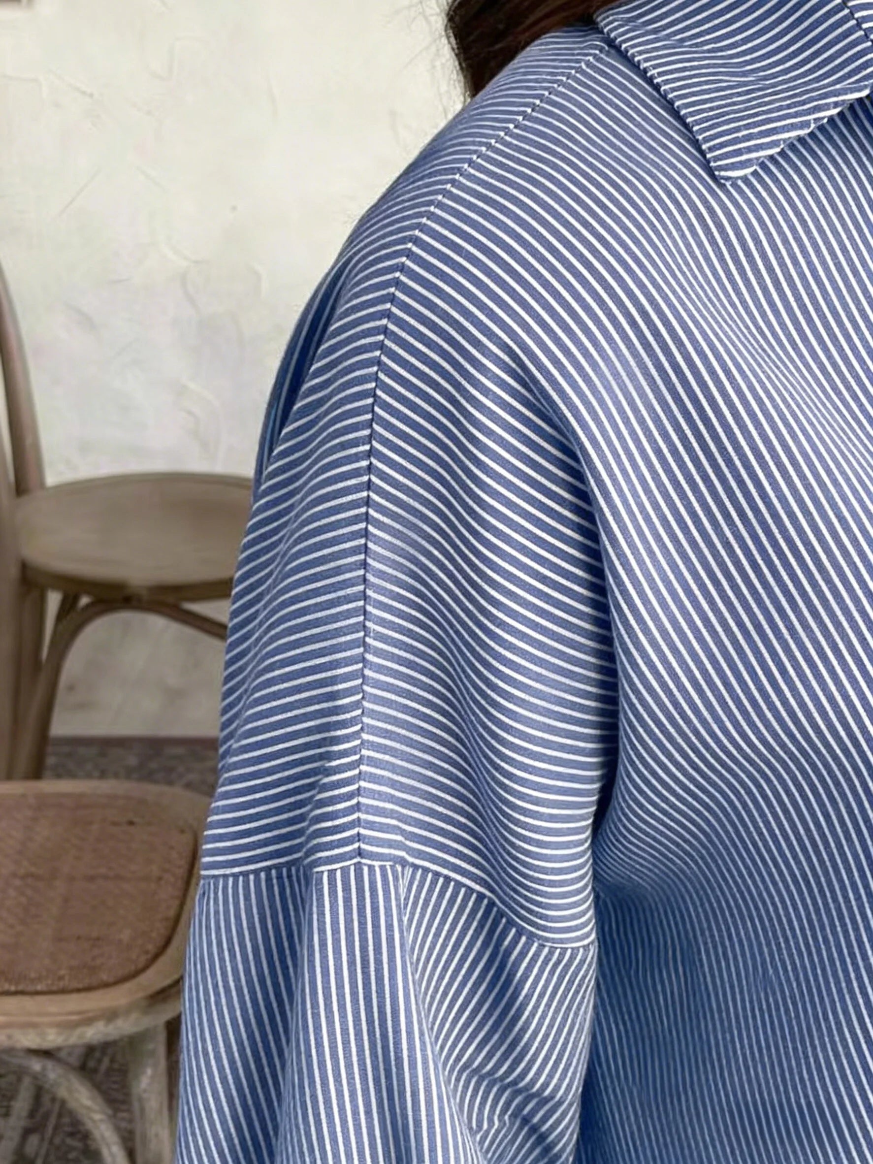 Pinstriped Maxi Dress Shirt Collar With Airy Draped Silhouette — Light Blue | KIMLUD