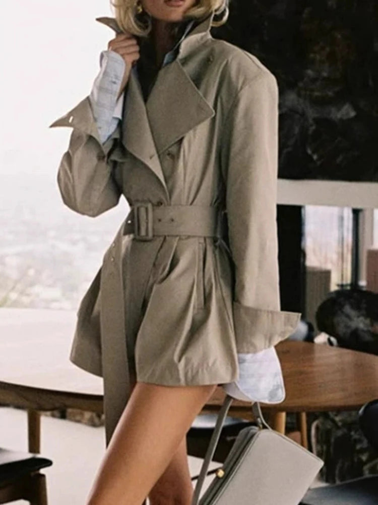 DEAT Fashion Khaki Jumpsuit Women's Lapel Double-Breasted Sashes Trench Coat Loose Rompers Autumn New 7A1521