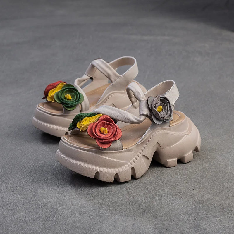 Koznoy 7cm Cow Genuine Leather Platform Wedge Women Summer Flower Slippers Pumps Hook Hollow Mary Jane Sandals Shoes Flats