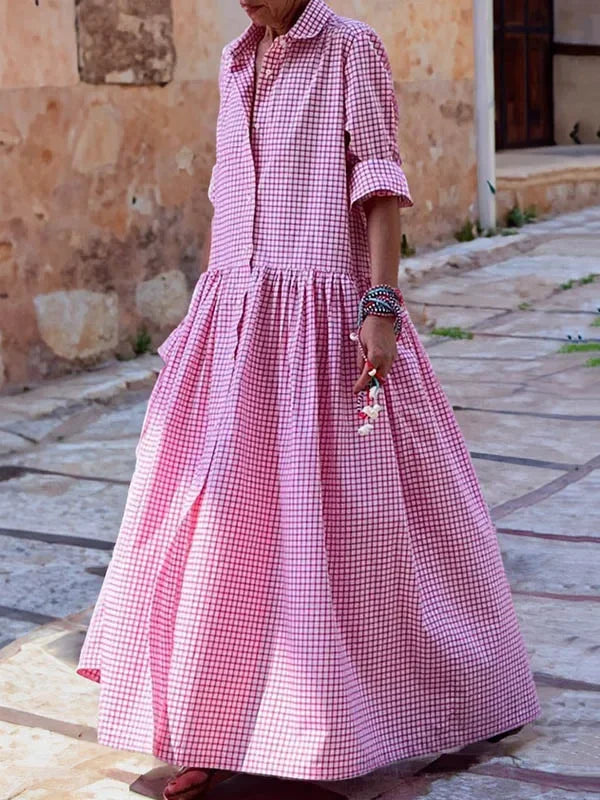 Maxi Dress - Plaid Pleated - Polyester | KIMLUD
