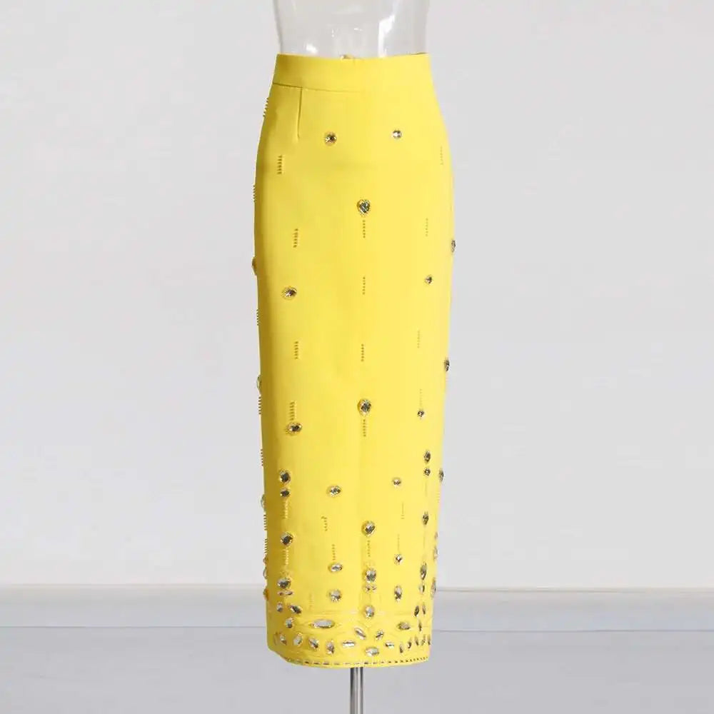 KIMLUD, TWOTWINSTYLE Solid Spliced Diamonds Two Piece Set For Women Stand Collar Long Sleeve Tops High Waist A Line Skirt Set Female New, KIMLUD Womens Clothes