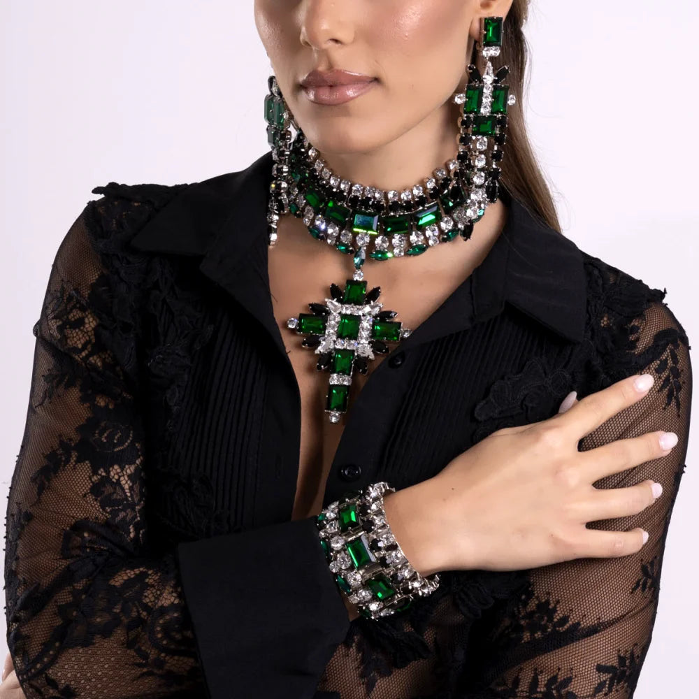 Green Corss Pendant Choker Bridal Collar Charms Party Accessories Statement Necklace Rhinestone Jewelry Pendant Wholesale Gift - KIMLUD