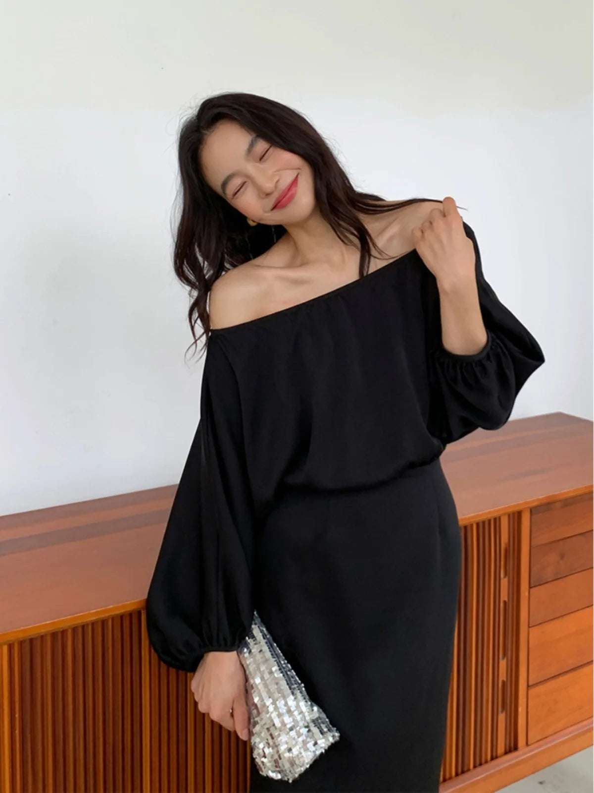 ALONE SAVOR Dragon Joy Summer Slimming Women's Dr oulder Bared Bubble Sve  ort Sve Polyester Fiber