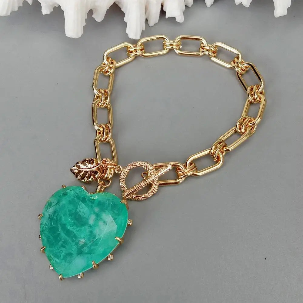 Yellow Gold Plated Heart Charm Bracelet — Green | KIMLUD