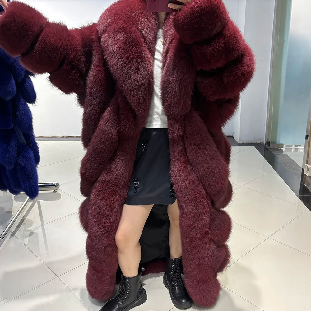 YOLOAgain 2025 Winter Warm Luxury Real Fox Fur Coat Women Pink Fox Fur Jacket Long