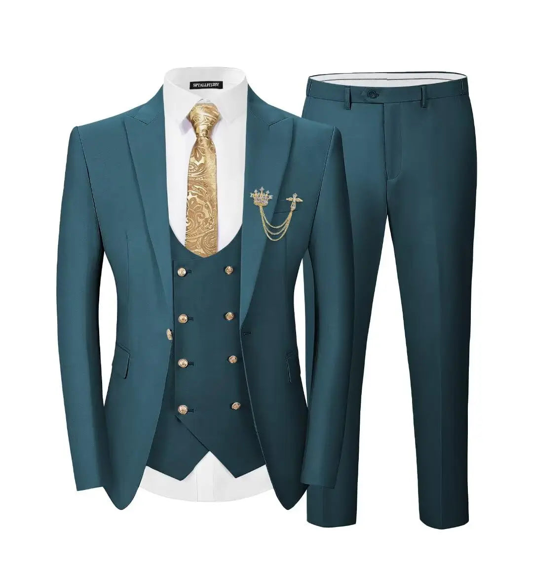 Men's 3-Piece Suit Set Classic One Gold Button Slim Fit Blazer Vest Pants Formal Business Wedding Wear